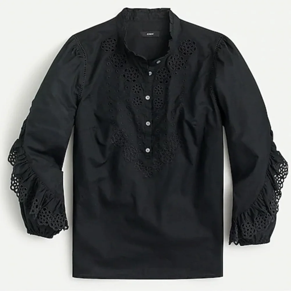 J Crew Black Ruffle Sleeve Top Embroidered Eyelet NWT Size Extra Small